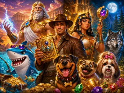 High-quality promotional artwork featuring characters and themes from popular slot games.